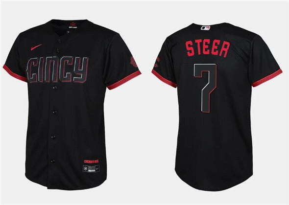 Youth Cincinnati Reds #7 Spencer Steer Black 2023 City Connect Stitched Baseball Jersey
